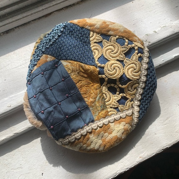 Patchwork Beret Hat - blue & gold - handmade - Picture 1 of 5